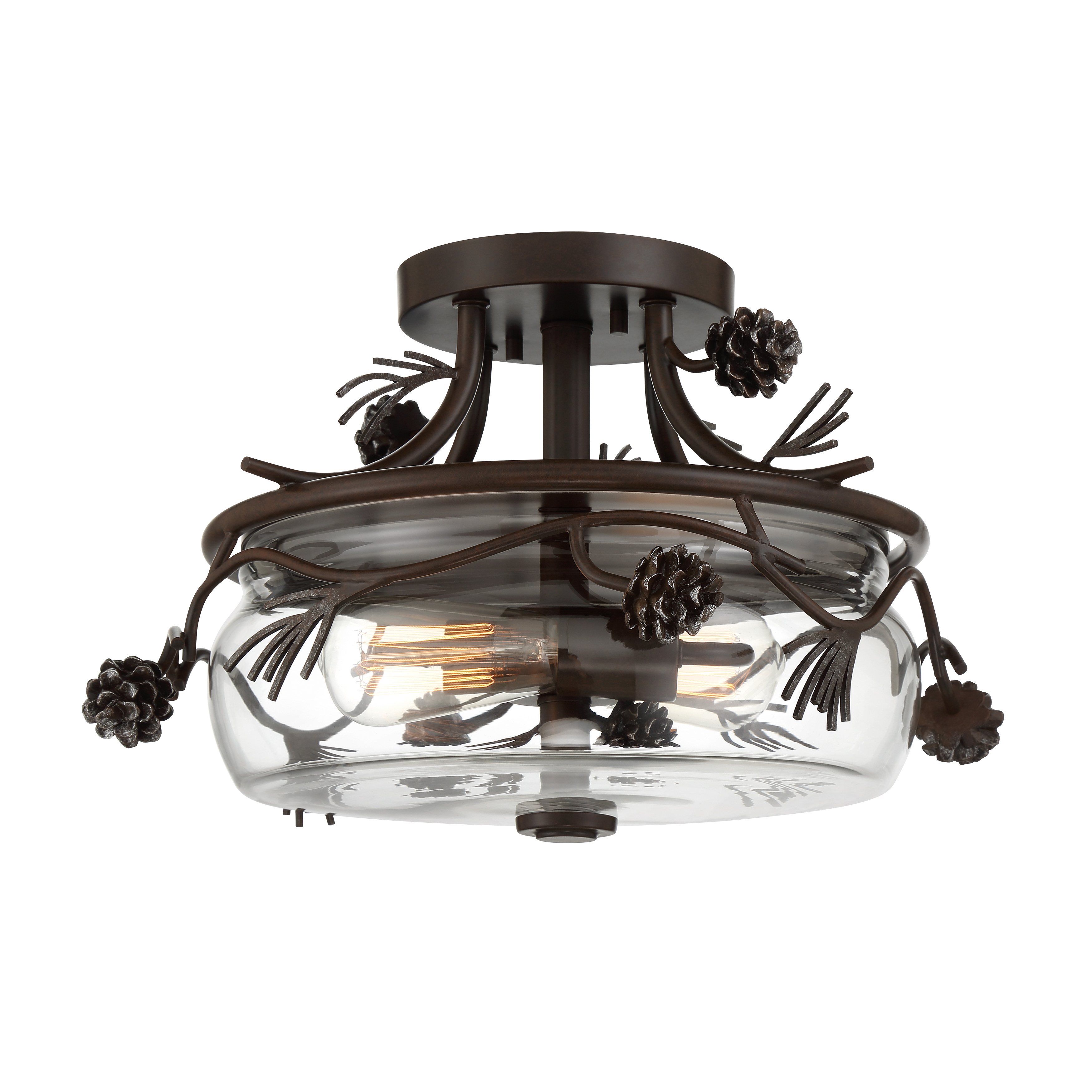 The Ponderosa Ridge semi-flush mount brings weathered rustic elegance with its distinctive spruce and silver finish. Perfect for spaces needing character without sacrificing ceiling clearance, this dimmable fixture works beautifully indoors and out. - alternate view
