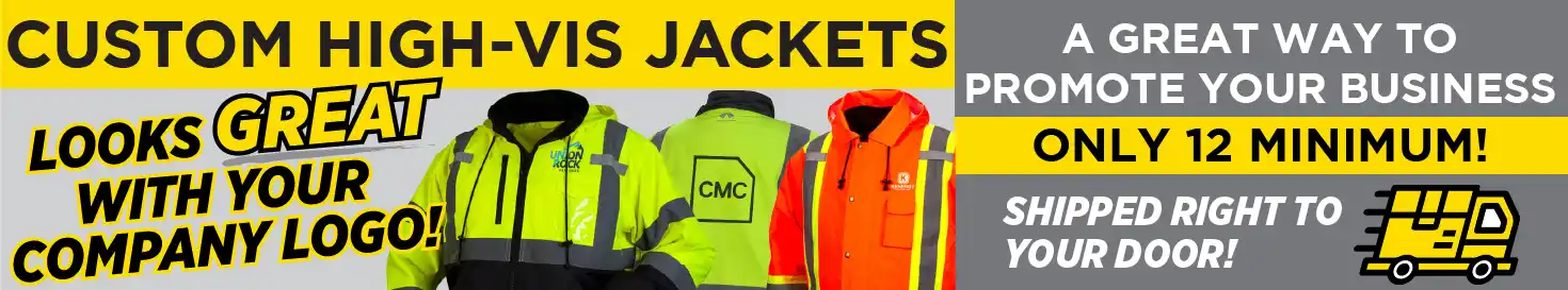 Custom High-Vis Jackets Banner Image: Looks great with your logo. A great way to promote your business. Only 12 minimum. Shipped right to your door!