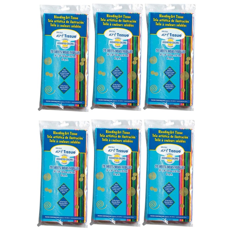 Deluxe Bleeding Art Tissue, 20 Assorted Colors, 20" x 30", 20 Sheets Per Pack, 6 Packs