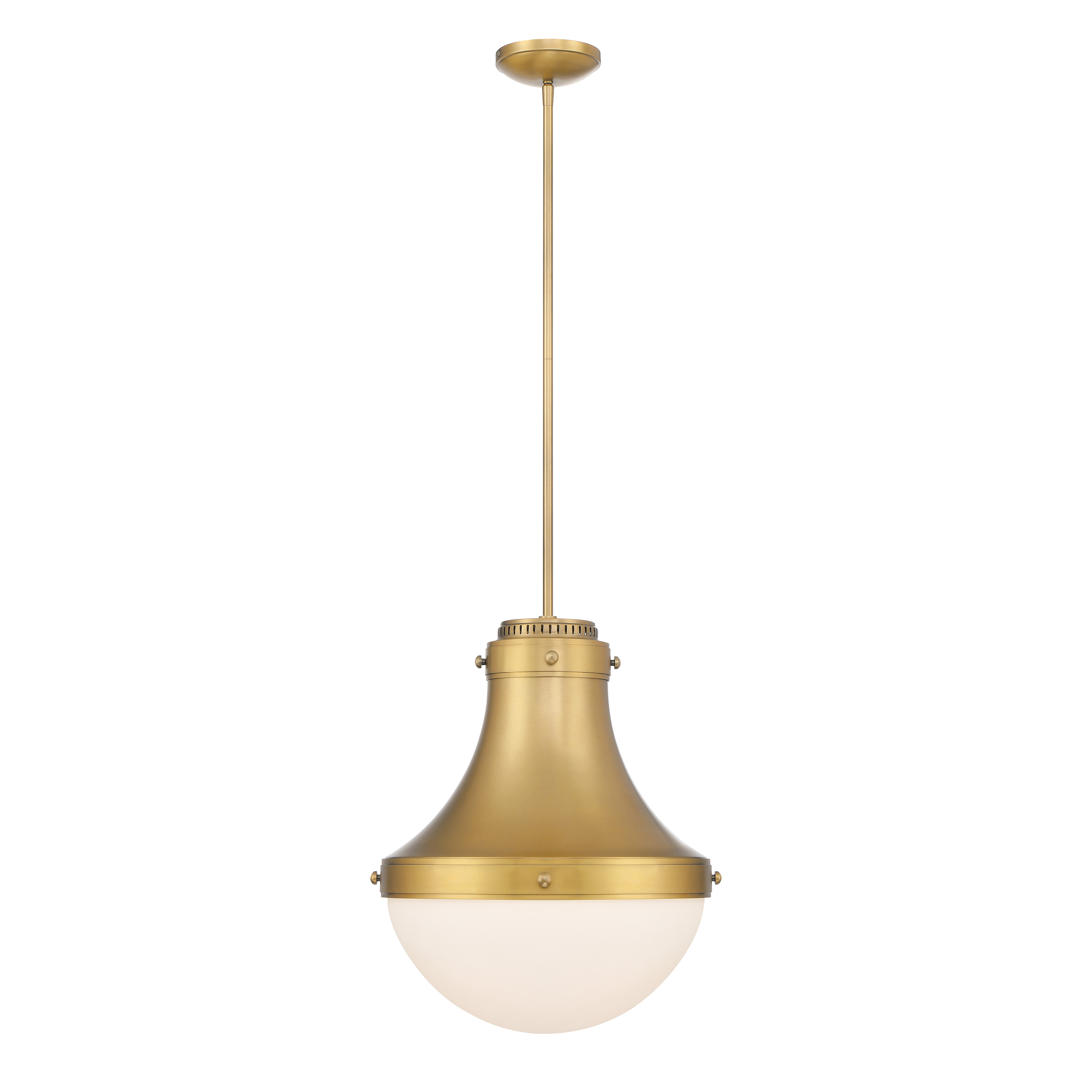 The Purelight pendant combines timeless brass elegance with soft etched opal glass for versatile ambient lighting. Its 16-inch diameter makes it perfect for smaller dining areas, kitchen islands, or as a focal point in cozy spaces. - alternate view