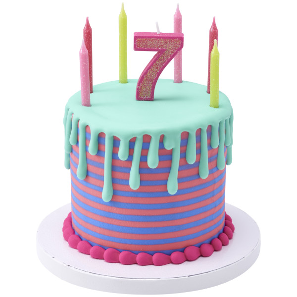 7 Mini Pink Glitter Numeral Candles