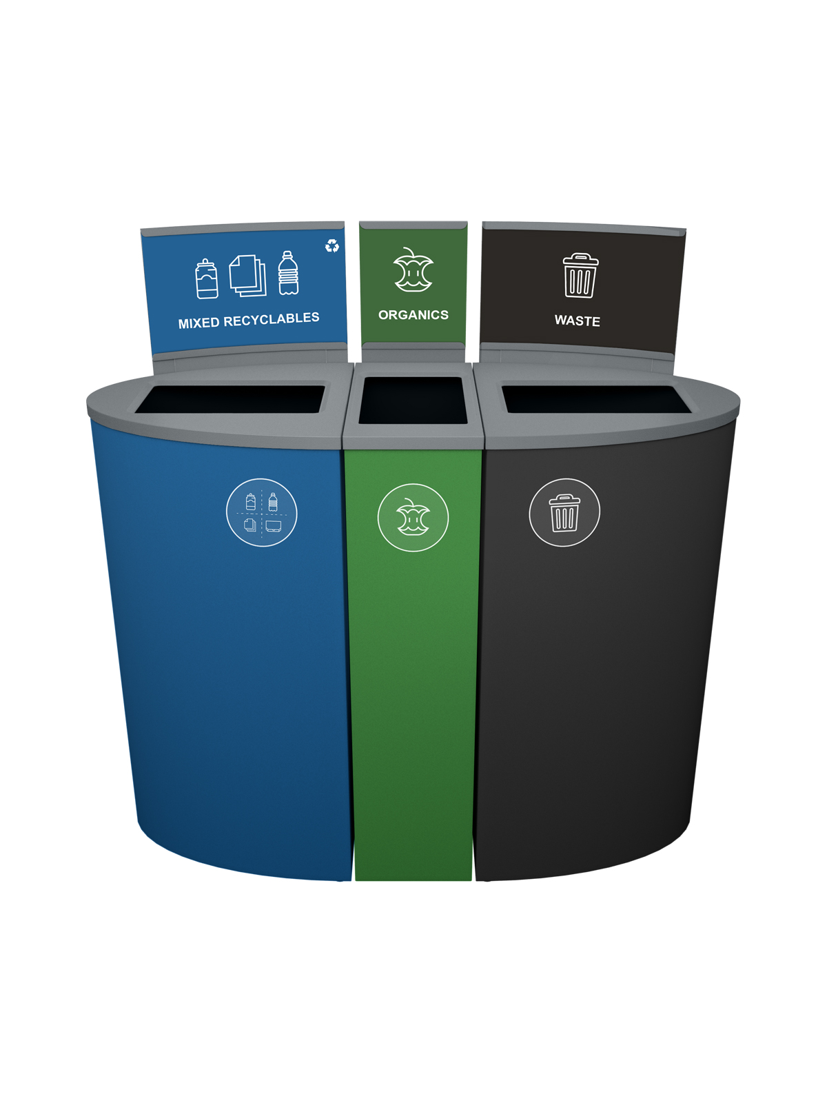 SPECTRUM – Triple – Kit – Mixed Recyclables-Organics-Waste – Full – Blue-Dark Green-Black