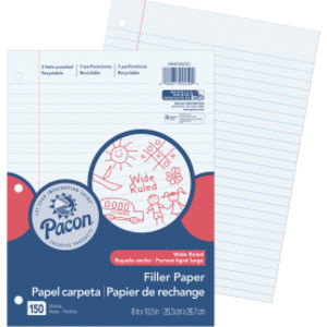 Filler Paper, White, 3-Hole Punched, Red Margin, 3/8" Ruled, 8" x 10-1/2", 150 Sheets