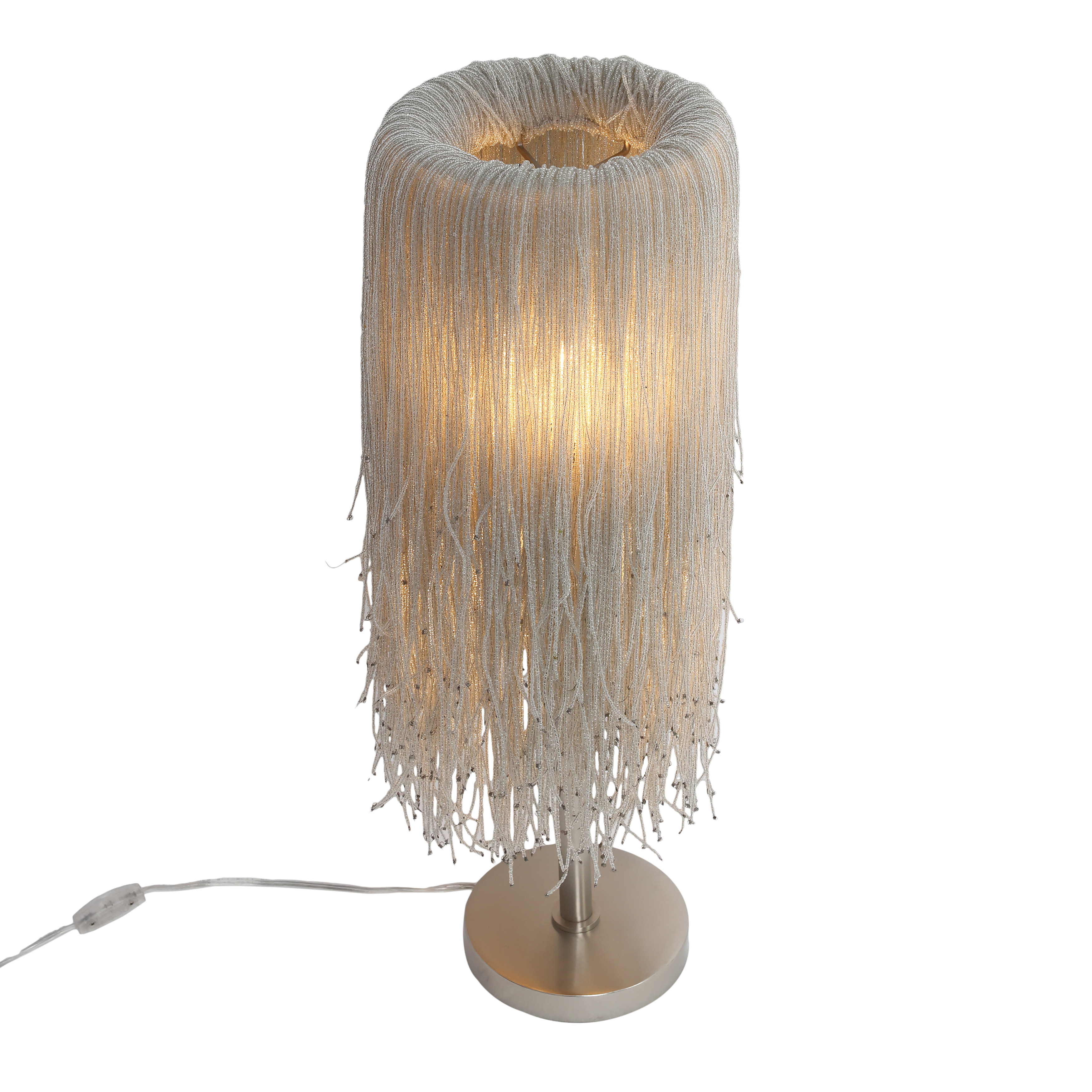 The Crystal Reign table lamp combines classic elegance with transitional style through cascading crystal beads and polished nickel hardware. At 28" tall, it provides substantial presence while maintaining refined proportions. - alternate view