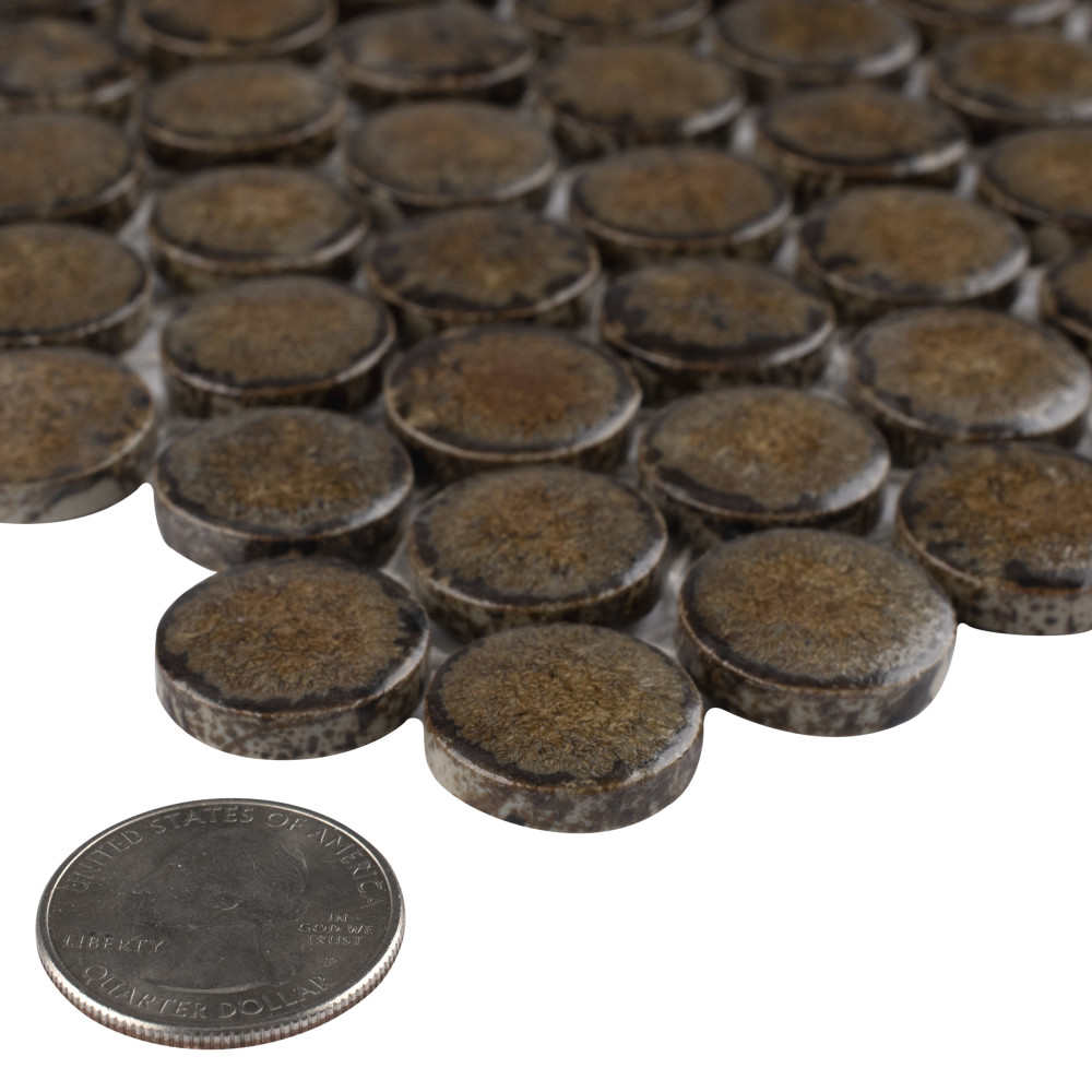 Hudson Penny Round Brownstone 11-7/8 in. x 12-5/8 in. Porcelain Mosaic Tile