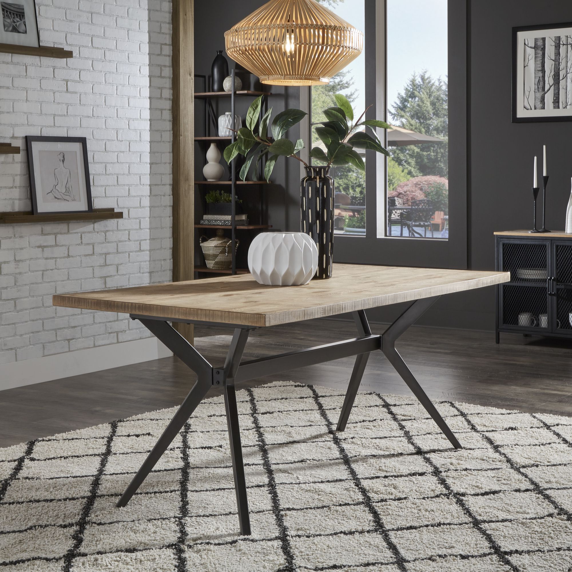 Light Pine and Black Metal Base Dining Table