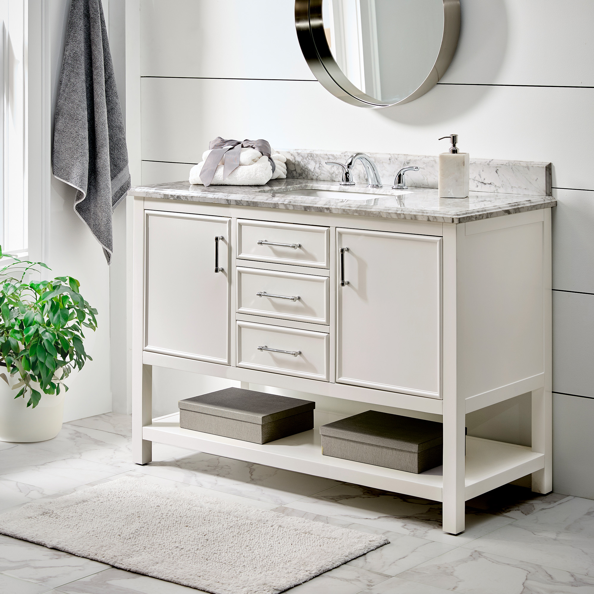 Bathroom Sink Vanity with White Marble Veneer Stone Top