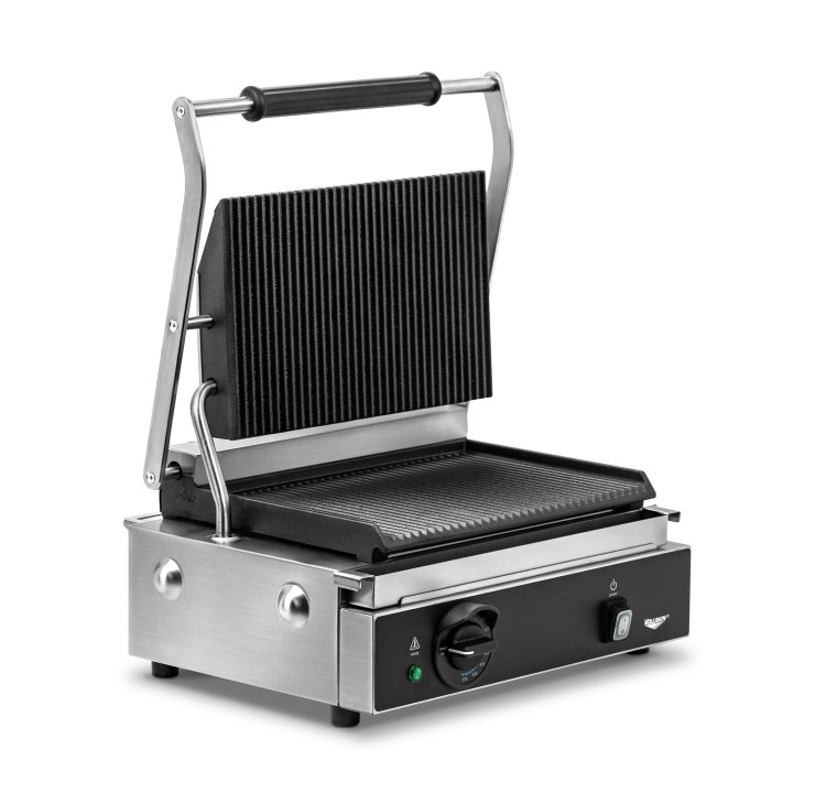120-volt single panini sandwich grill with cast-iron grooved plates and NEMA 5-15P Plug