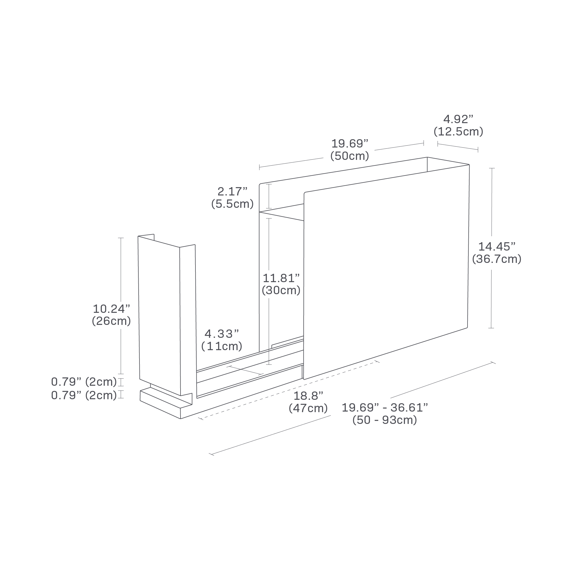 Dimension image for Sliding Drawer Seasoning Rackon a white background showinglength of 4.92 inches, depth of 19.69 inches,height of 14.45 inches. The top shel is 2.17 inches in height.