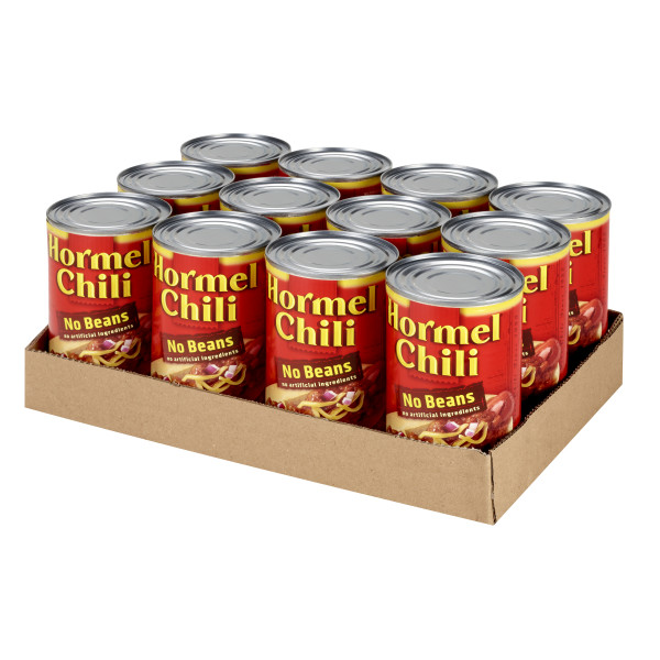 HORMEL(r) Chili No Beans, 12/25oz . C1RM - Front Right Open Case (Hi Res)