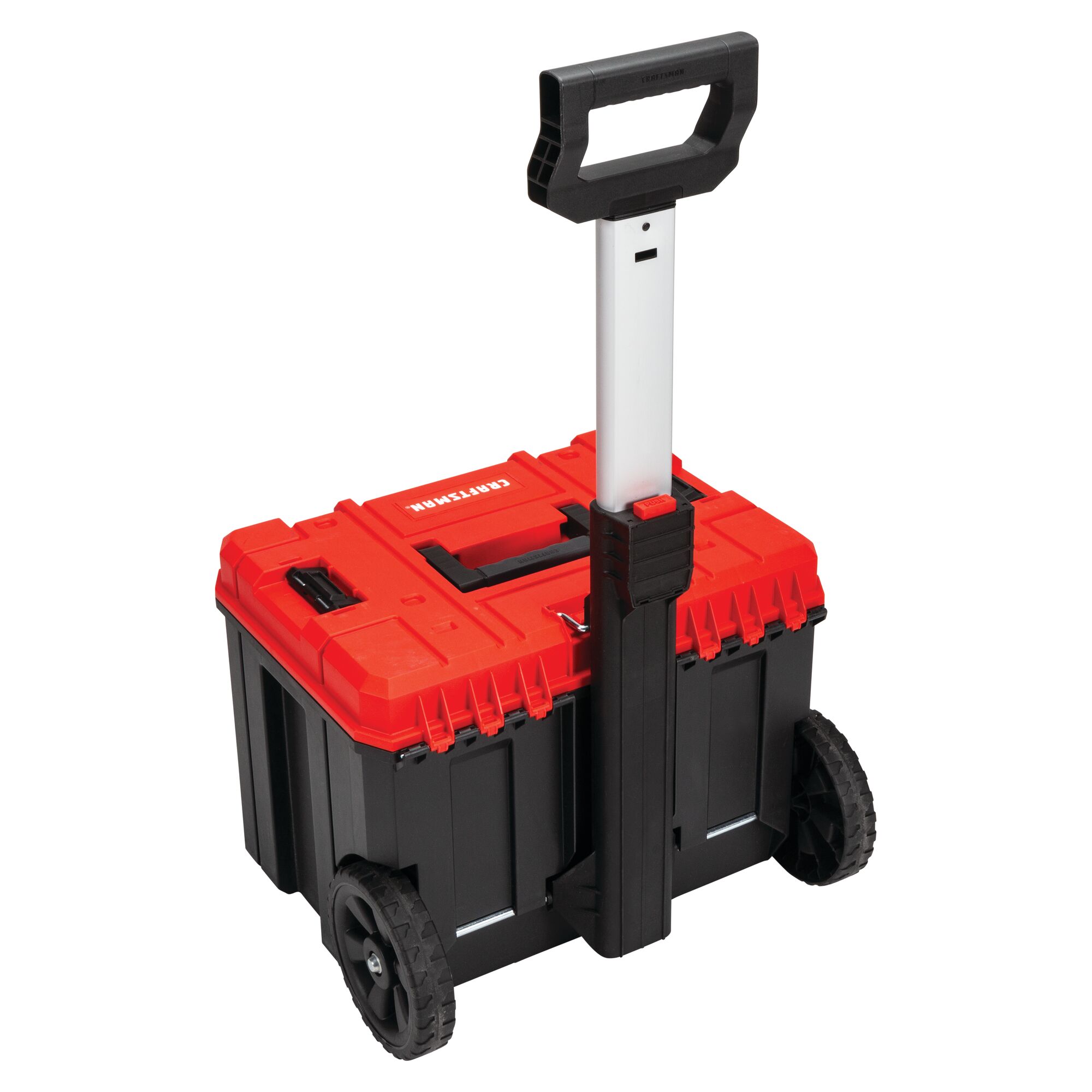 Backside of Versastack system 20 inch red plastic wheeled lockable tool box.