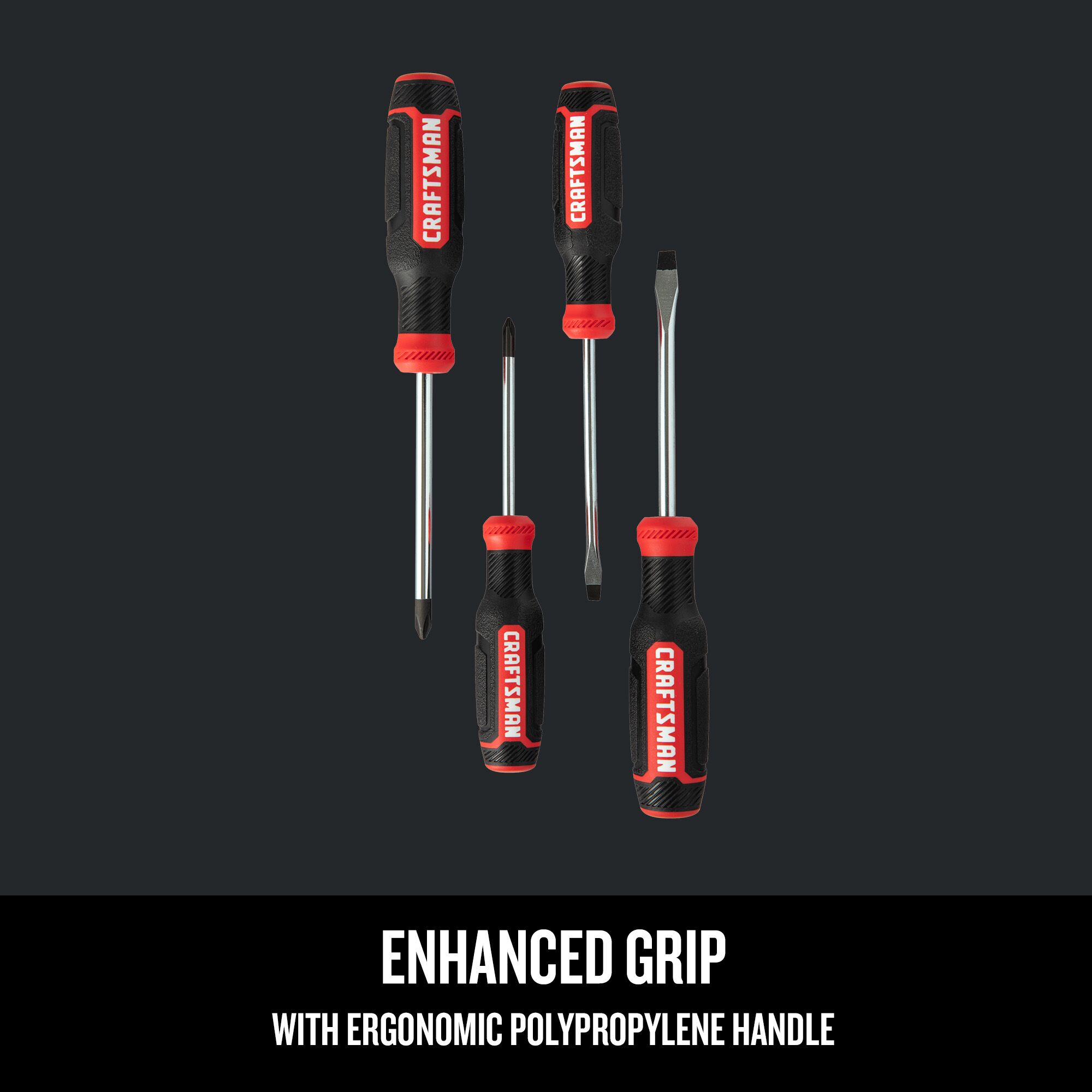 Graphic of CRAFTSMAN Screwdrivers: Bi-Material highlighting product features