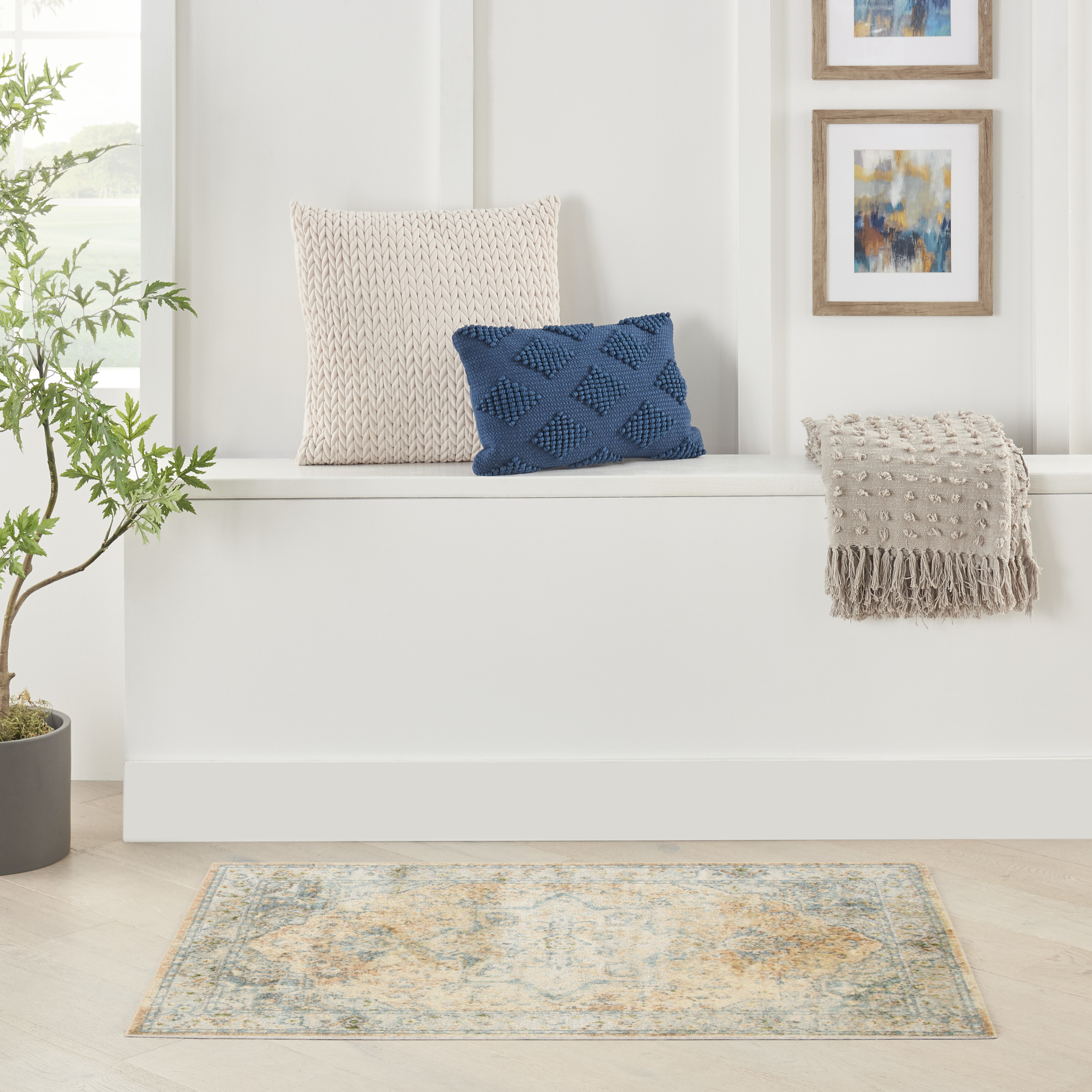 Nourison Astra Machine Washable 3'3" x 5' Beige Blue Vintage Indoor Rug
