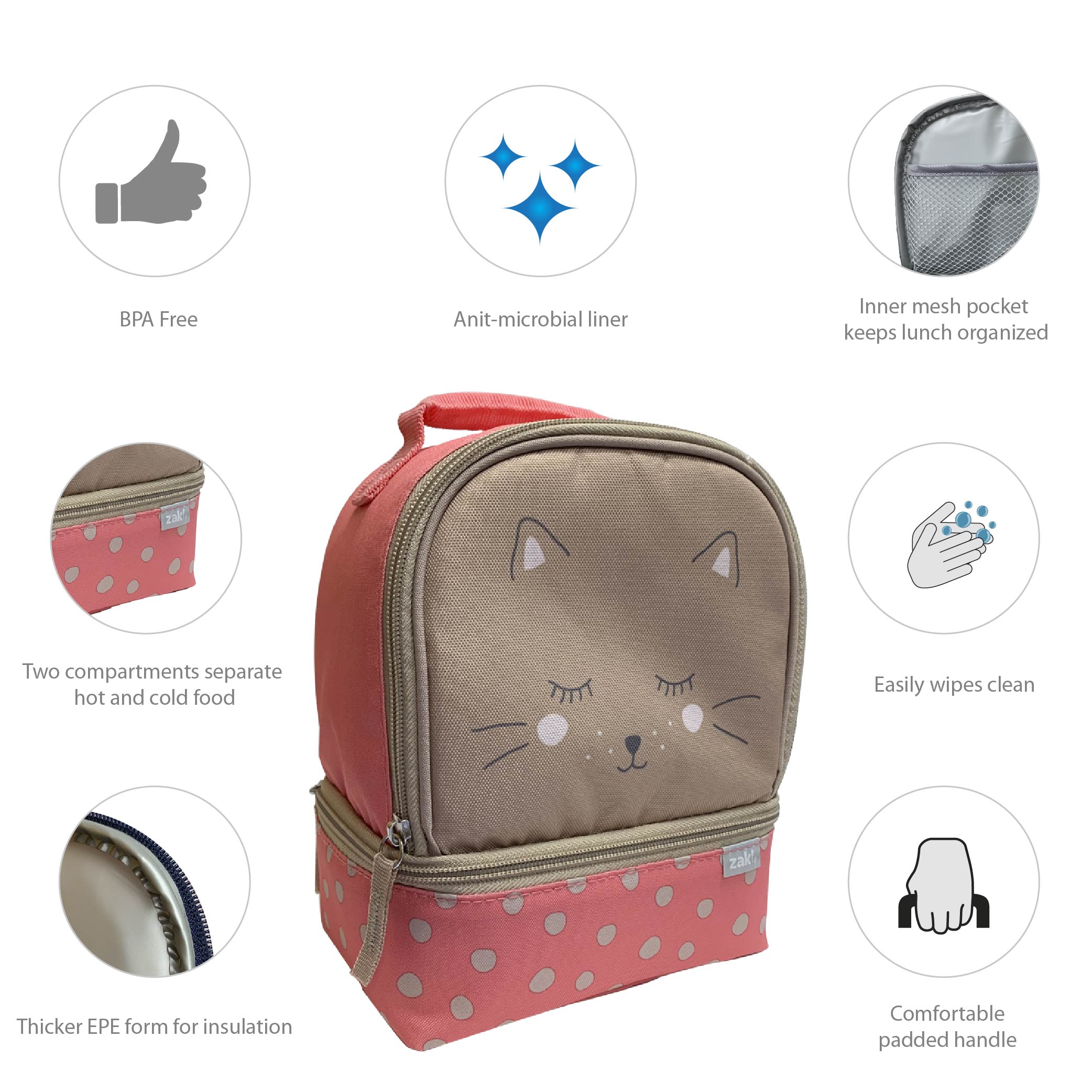 Soft Lines 2-compartment Reusable Insulated Lunch Bag, Kitties slideshow image 4 Soft Lines 2-compartment Reusable Insulated Lunch Bag, Kitties slideshow image 4