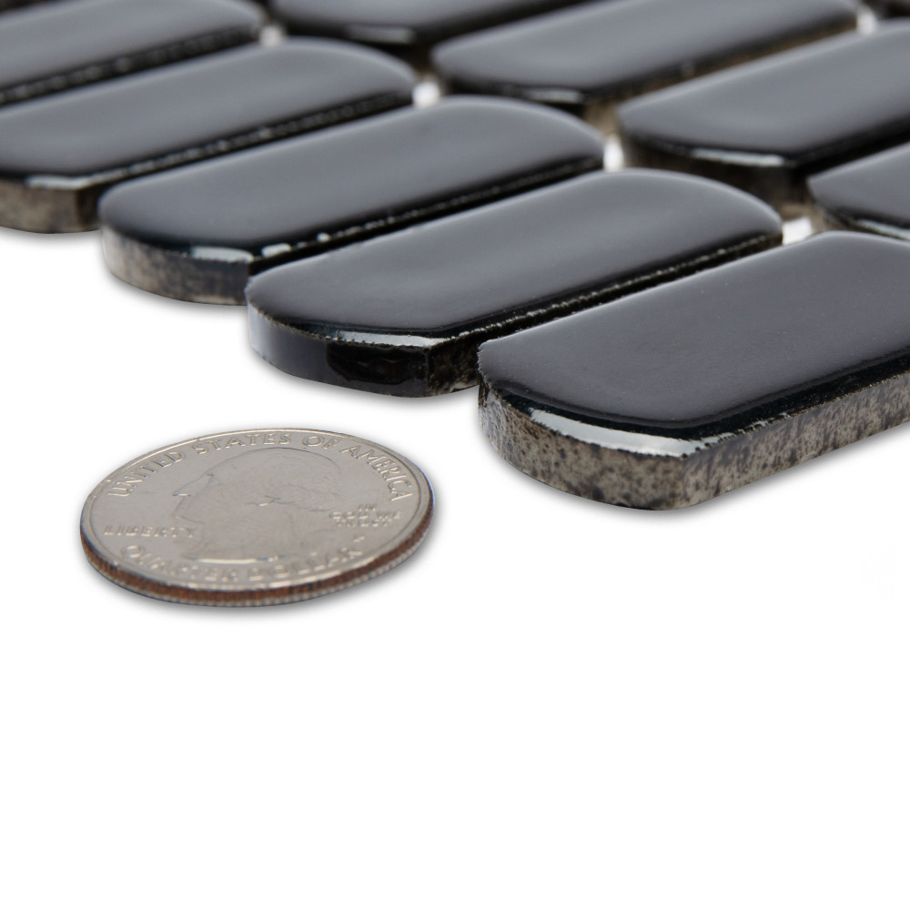 Hudson Capsule Glossy Black 12-1/4 in. x 13-1/8 in. Porcelain Mosaic Tile