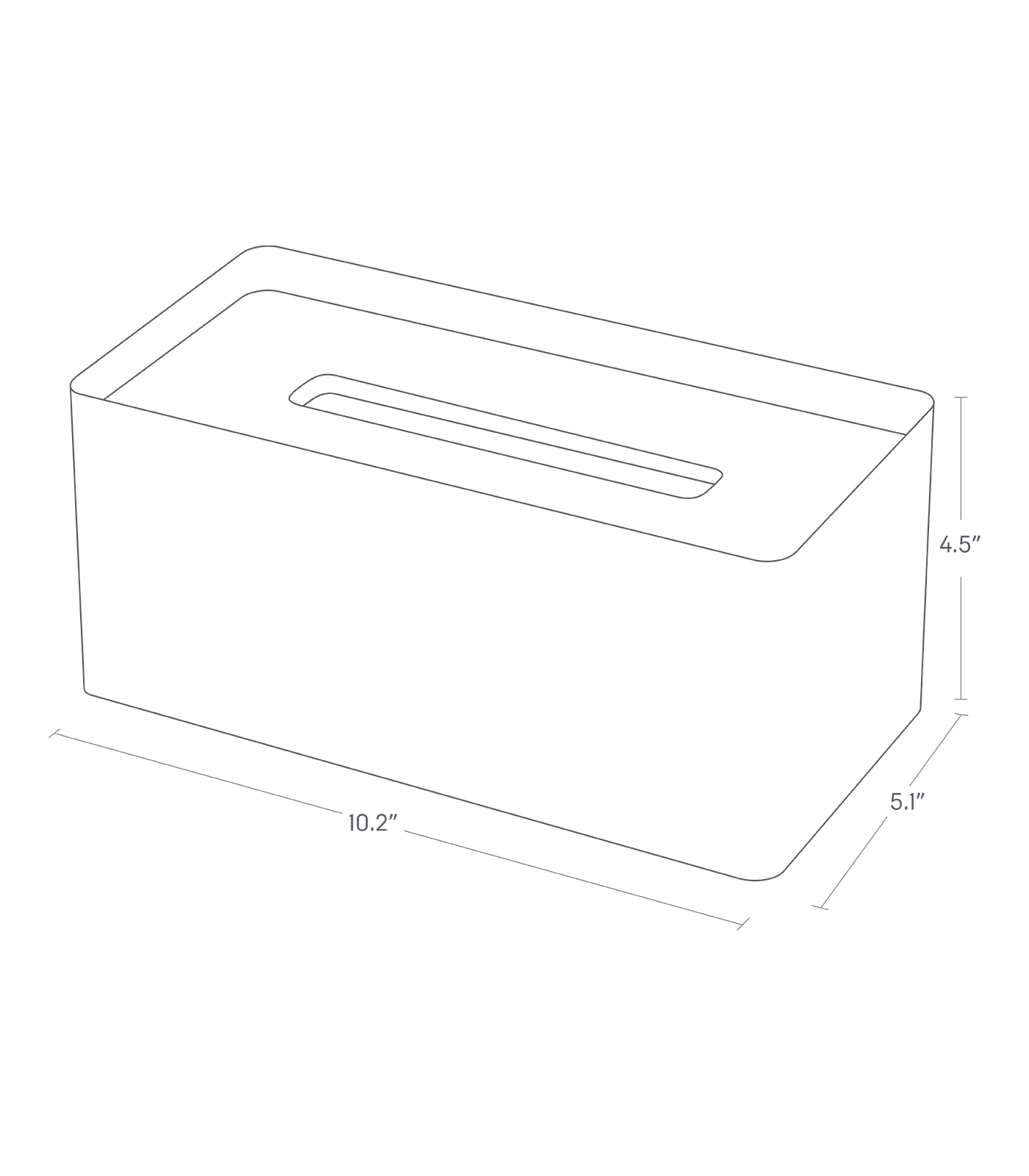 Dimension Image for Tissue Case on a white background showing height of 4.5 inches, length of 5.1 inches, and width of 10.2 inches