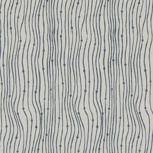 Textile swatch of cream fabric patterned with narrow navy embroidered wavy vertical lines punctuated by small knots; repeating lines undulate across the surface; close-up, evenly lit, neutral background.