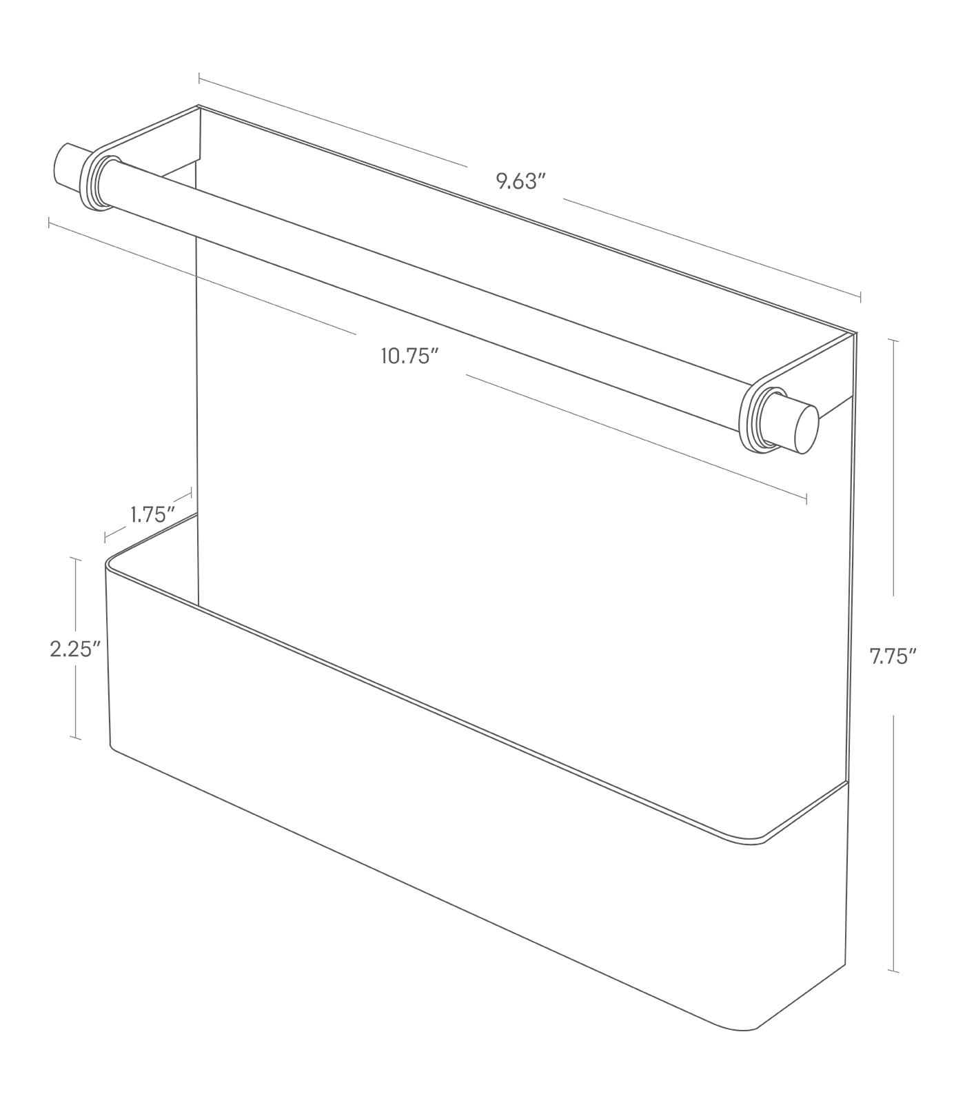 Dimension image for Magnetic Storage Pocket showing total height of 7.75 inches, length of 1.75 inches, width of 9.63 inches and the pocket height of 2.25 inches and 10.75 inches for a wooden bar