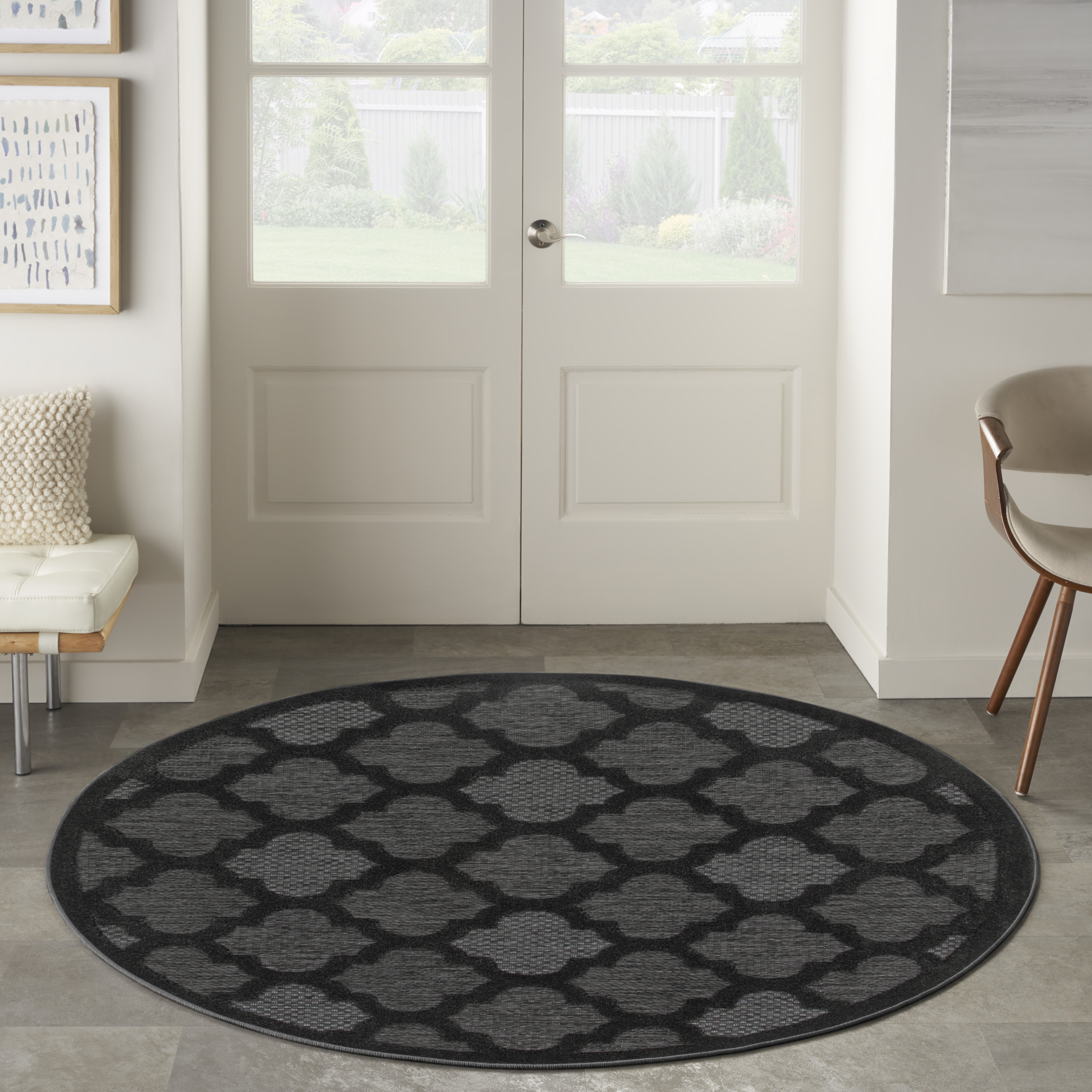 Nourison Easy Care 5' x Round Charcoal Black Modern Rug