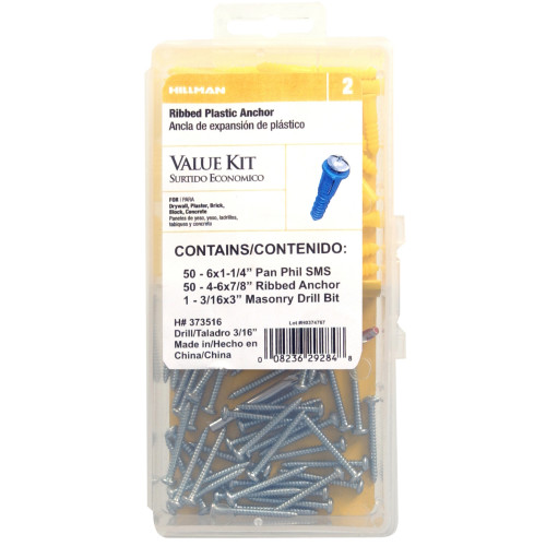 Yellow Ribbed Plastic Anchor Kit #4-6-8 x 7/8