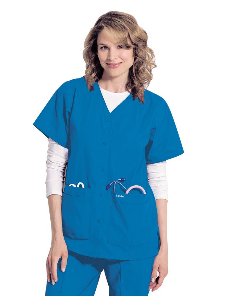 Provider Scrub Shirt Landau Essentials Large Black 4 Pockets Short Sleeve Female