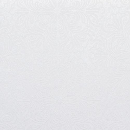 Embossed white wallpaper—subtle floral and swirl pattern—covers a wall surface, providing a uniform, matte texture; evenly lit interior context with soft, diffused lighting and neutral tones.