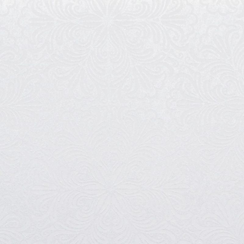 Embossed white wallpaperâ€”subtle floral and swirl patternâ€”covers a wall surface, providing a uniform, matte texture; evenly lit interior context with soft, diffused lighting and neutral tones.