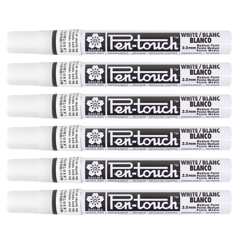 Pen-Touch Markers, 2.0mm Medium, White, Pack of 6