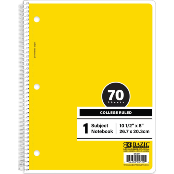 1-Subject Spiral Notebook, College Ruled, 70 Count, Yellow
