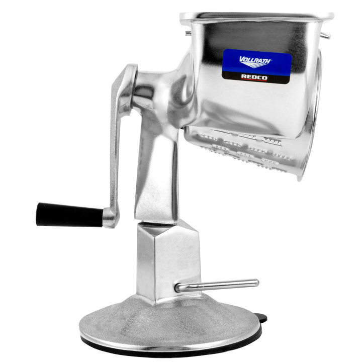 King Kutter™ manual food processor with suction cup base and shredder-cut, string-cut, French-fry-cut, thin-slice-cut and crinkle-cut cones