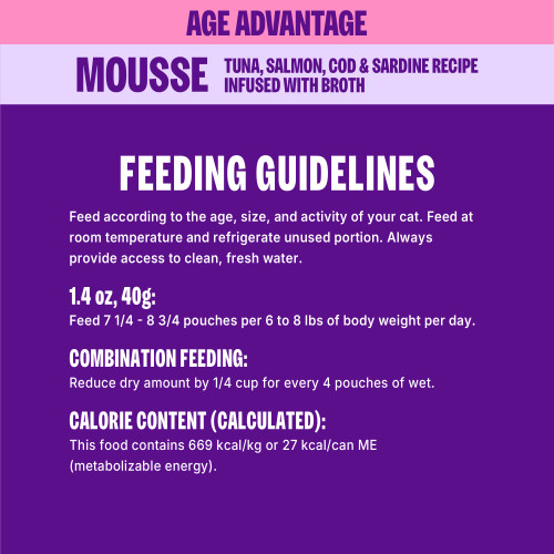 Feed according to the age, size, and activity of your cat. Feed at room temperature and refrigerate unused portion. Always provide access to clean, fresh water.	
1 Pouch = 1.4 oz (40 g)
Feed 7 ¼ – 8 ¾ pouches per 6 to 8 lbs of body weight per day.
Combination Feeding: Reduce dry amount by ¼ cup for every 4 pouches of wet food.