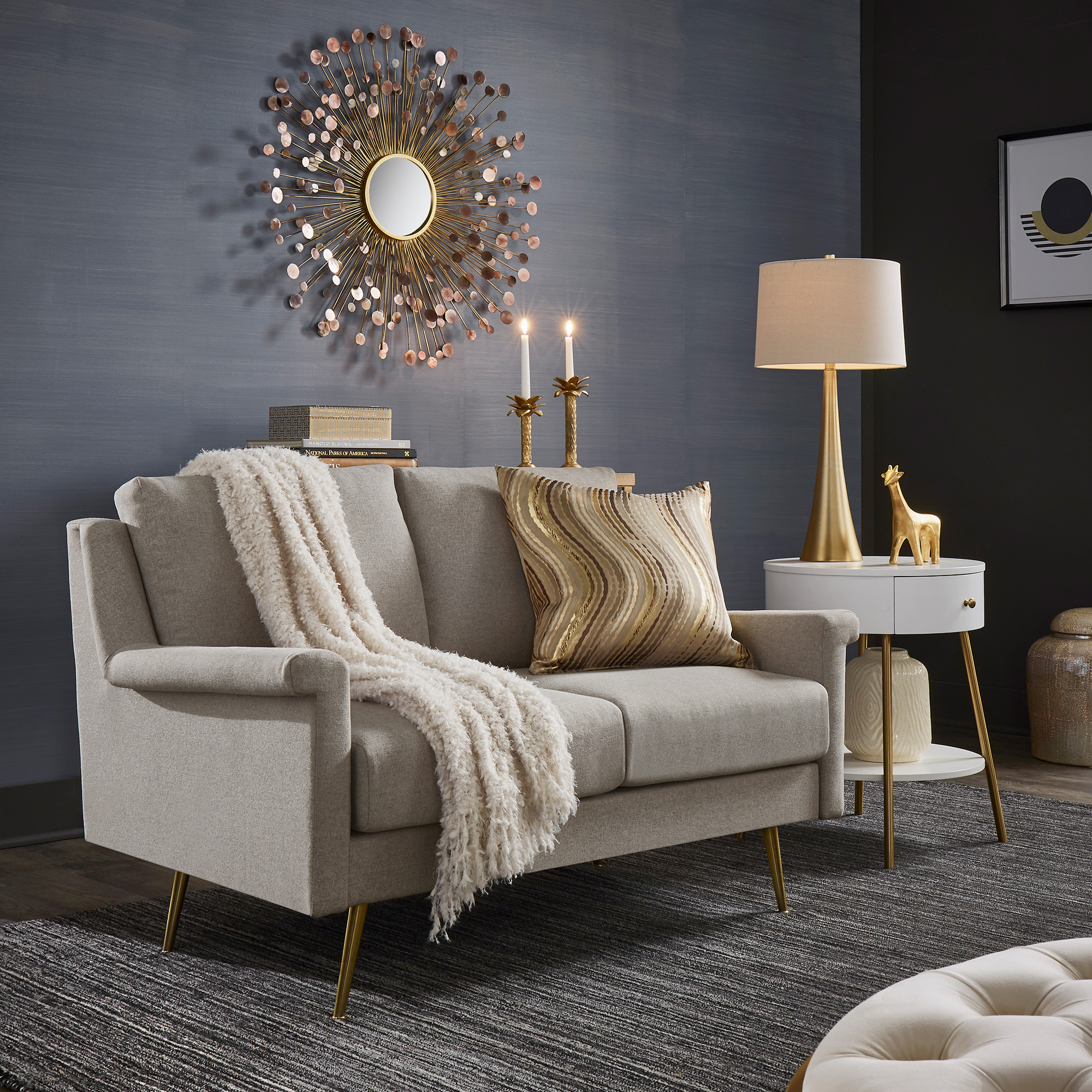 Grey Fabric Loveseat with Gold Metal Legs