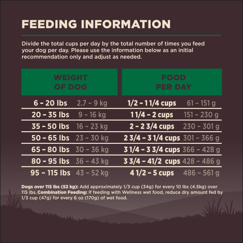 <p>Standard measuring cup holds approximately 3.9 oz (111g) of Wellness CORE Lamb & Lamb Meal Recipe Dog Food.								</p>
<p>Weight of Dog (lbs)	Weight of Dog (kg)	Cups per Day	Grams per Day<br />
6 – 20	2.7 – 9	1/2 – 1 1/4	61 – 151<br />
20 – 35	9 – 16	1 1/4 – 2	151 – 230<br />
35 – 50	16 – 23	2 – 2 3/4	230 – 301<br />
50 – 65	23 – 30	2 3/4 – 3 1/4	301 – 366<br />
65 – 80	30 – 36	3 1/4 – 3 3/4	366 – 428<br />
80 – 95	36 – 43	3 3/4 – 4 1/4	428 – 486<br />
95 – 115	43 – 52	4 1/4 – 5	486 – 561						</p>
<p>Dogs over 115 lbs (52kg): Add approximately 1/3 cup (34g) for every 10 lbs (4.5kg) over 115 lbs.									</p>
<p>Combination Feeding: If feeding with Wellness wet food, reduce dry amount fed by 1/3 cup (47g) for every 6 oz (170g) of wet food.</p>
