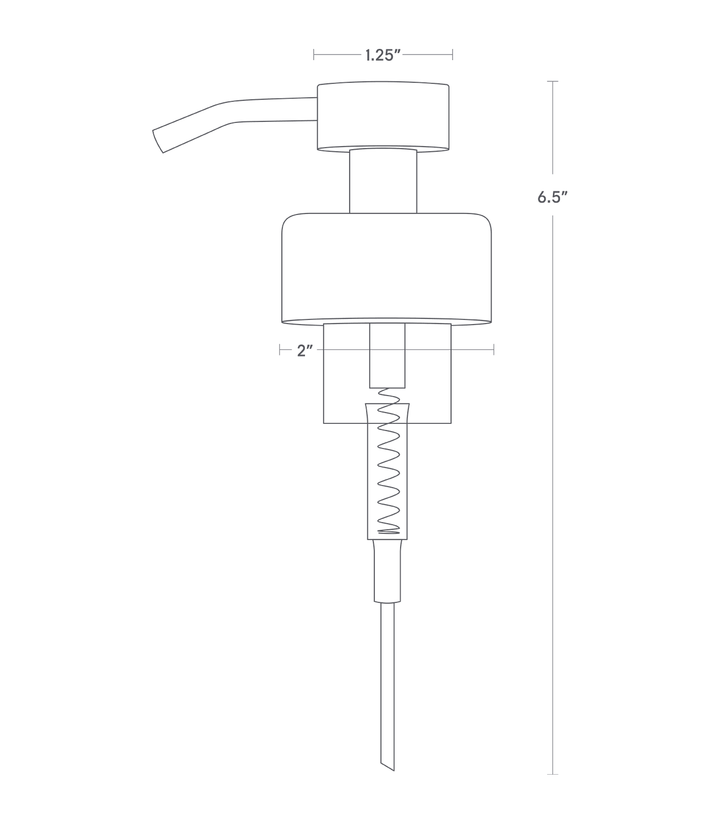 Dimension image for Replacement Dispenser Pump for Foaming Soap Dispenser showing height of 6.5 inches, width of 2 inches and 1.25 inches for the top pump