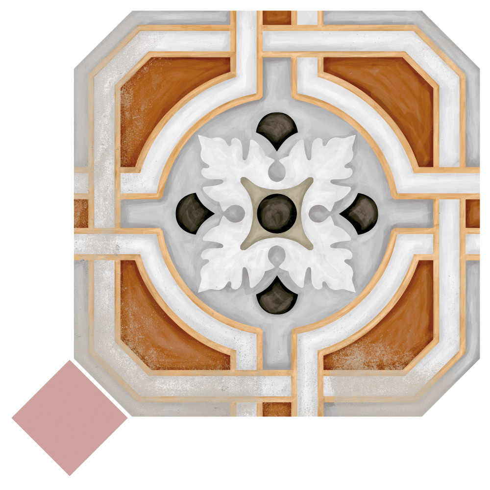 Vaudeville Octagon Deco Zimer with Taco Pink 7-7/8 in. x 7-7/8 in. Porcelain Floor and Wall Tile