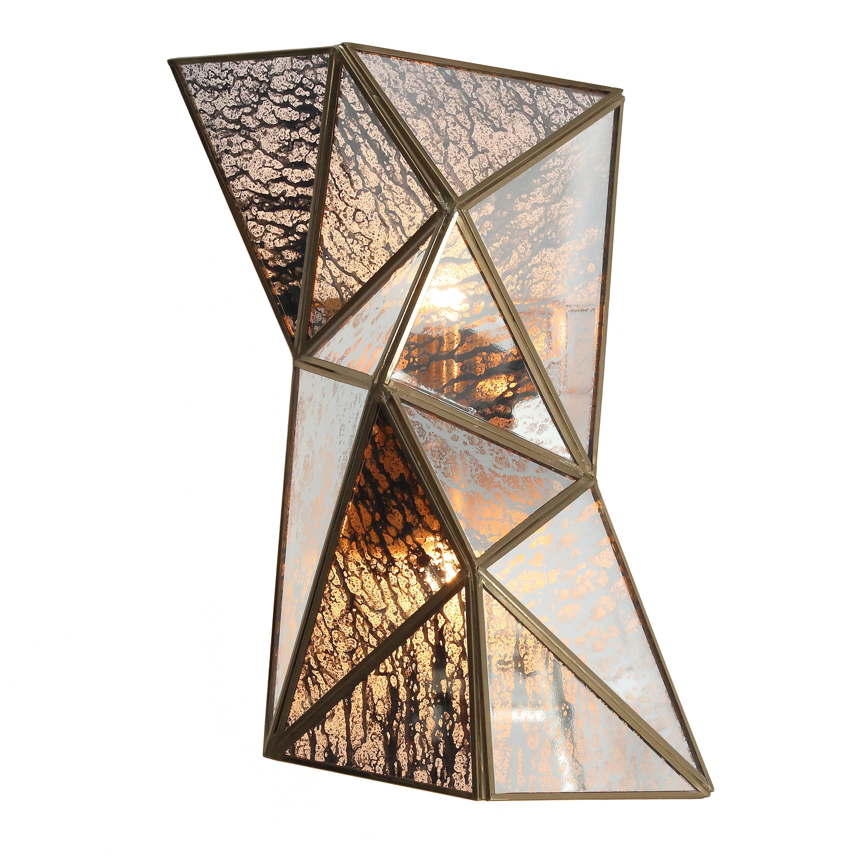 The Geo-Gem wall sconce combines geometric modern design with vintage glamour through its artisan brass finish and antique mercury glass panels. Perfect for adding ambient lighting and visual interest to bathrooms, hallways, and intimate spaces. - alternate view