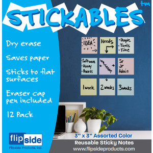 Dry Erase Stickables with Dry Erase Marker, Pastel Assorted, 3" x 3", Pack of 12