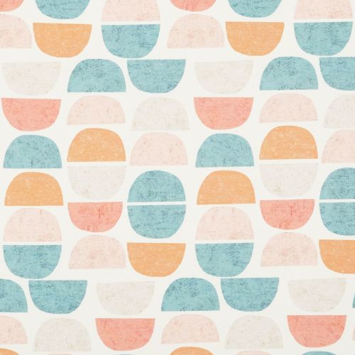 Rows of textured pastel semicircles and split ovals, repeating and alternating in offset columns, printed on a cream background resembling retro wallpaper or fabric with a muted, hand-stamped look.