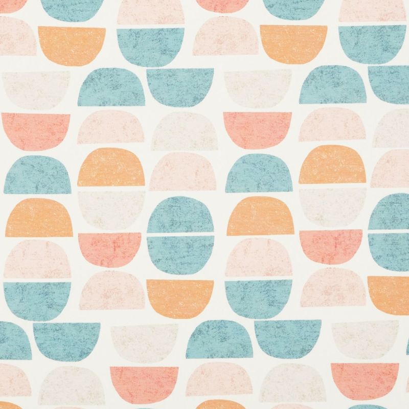 Rows of textured pastel semicircles and split ovals, repeating and alternating in offset columns, printed on a cream background resembling retro wallpaper or fabric with a muted, hand-stamped look.