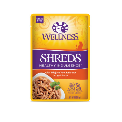 Wellness Complete Health Healthy Indulgence Shreds with Skipjack Tuna & Shrimp in Light Sauce Front packaging