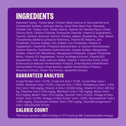 Deboned Turkey, Turkey Meal, Chicken Meal (source of Glucosamine and Chondroitin Sulfate), Oatmeal, Barley, Dried Plain Beet Pulp, Flaxseed, Chicken Fat, Turkey Liver, Turkey Hearts, Salmon Oil, Natural Flavor, Dried Chicory Root, Choline Chloride, Potassium Chloride, Vitamin E Supplement, Taurine, Spinach, Broccoli, Carrots, Parsley, Apples, Blueberries, Kale, Mixed Tocopherols added to preserve freshness, Vitamin B3 (Niacin), Zinc Proteinate, Ferrous Sulfate, Zinc Sulfate, Iron Proteinate, Vitamin A Supplement, Vitamin B1 (Thiamine Mononitrate), d-Calcium Pantothenate, Sodium Selenite, Pyridoxine Hydrochloride, Copper Sulfate, Manganese Sulfate, Vitamin B2 (Riboflavin), Manganese Proteinate, Copper Proteinate, Biotin, Vitamin D3 Supplement, Yucca Schidigera Extract, Vitamin B12 Supplement, Folic Acid, Calcium Iodate, Vitamin C (Ascorbic Acid), Dried Enterococcus faecium Fermentation Product, Dried Bacillus licheniformis Fermentation Product, Dried Bacillus subtilis Fermentation Product, Rosemary Extract, Green Tea Extract, Spearmint Extract.