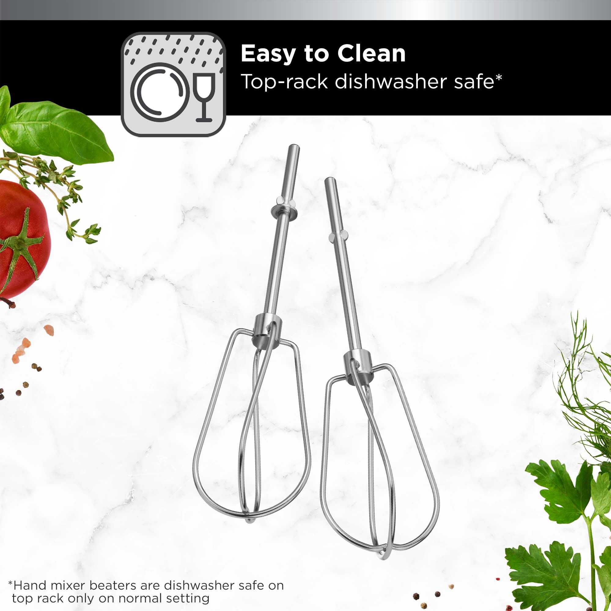 Easy to clean the BLACK+DECKER kitchen wand™ hand mixer attachment on the top-rack of your dishwasher on a normal setting