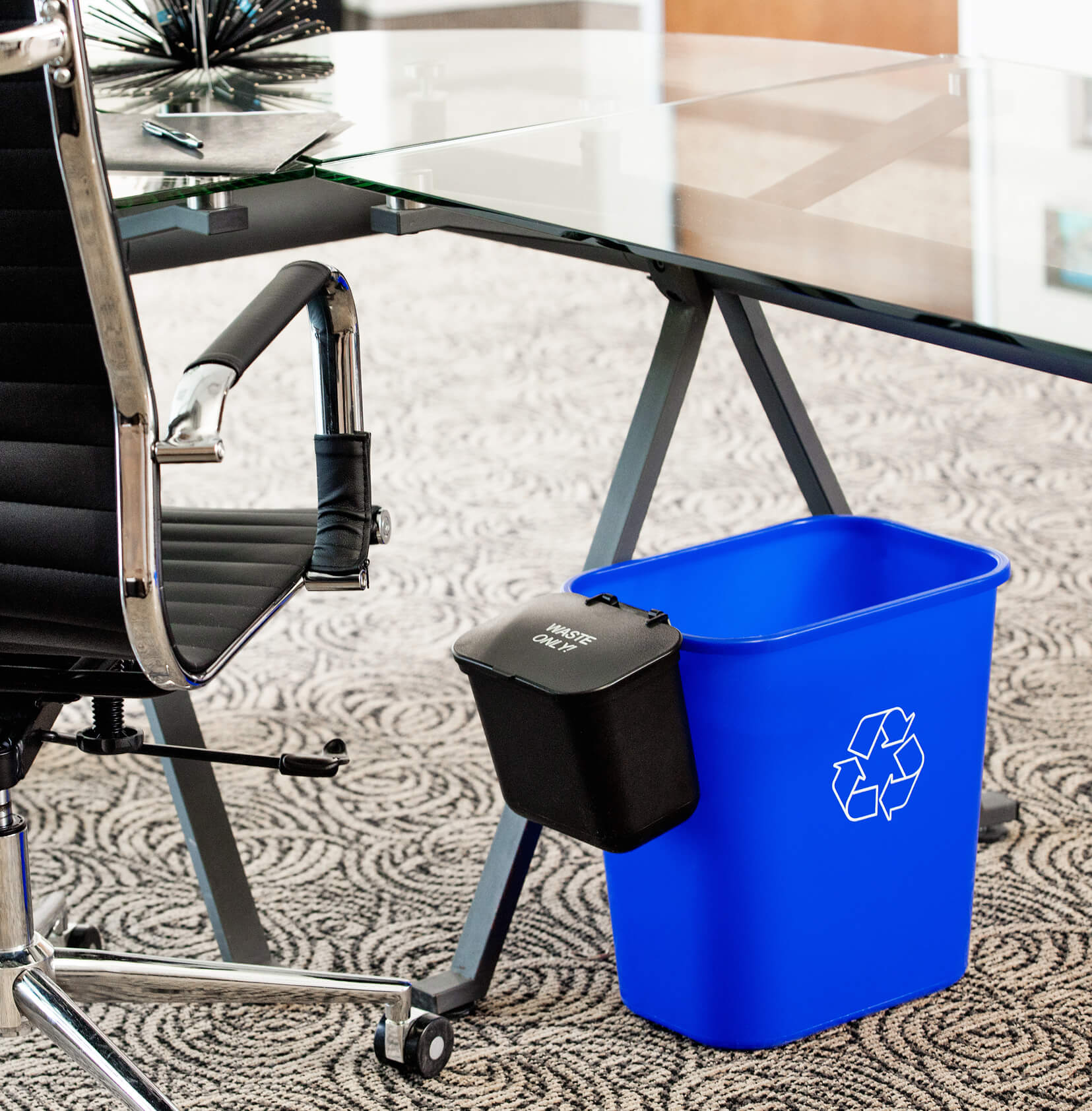 black recycled plastic hanging waste bin for hanging on the side of a deskside recycling container