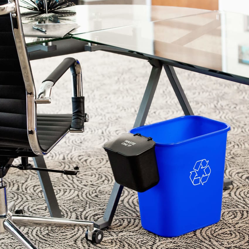black recycled plastic hanging waste bin for hanging on the side of a deskside recycling container