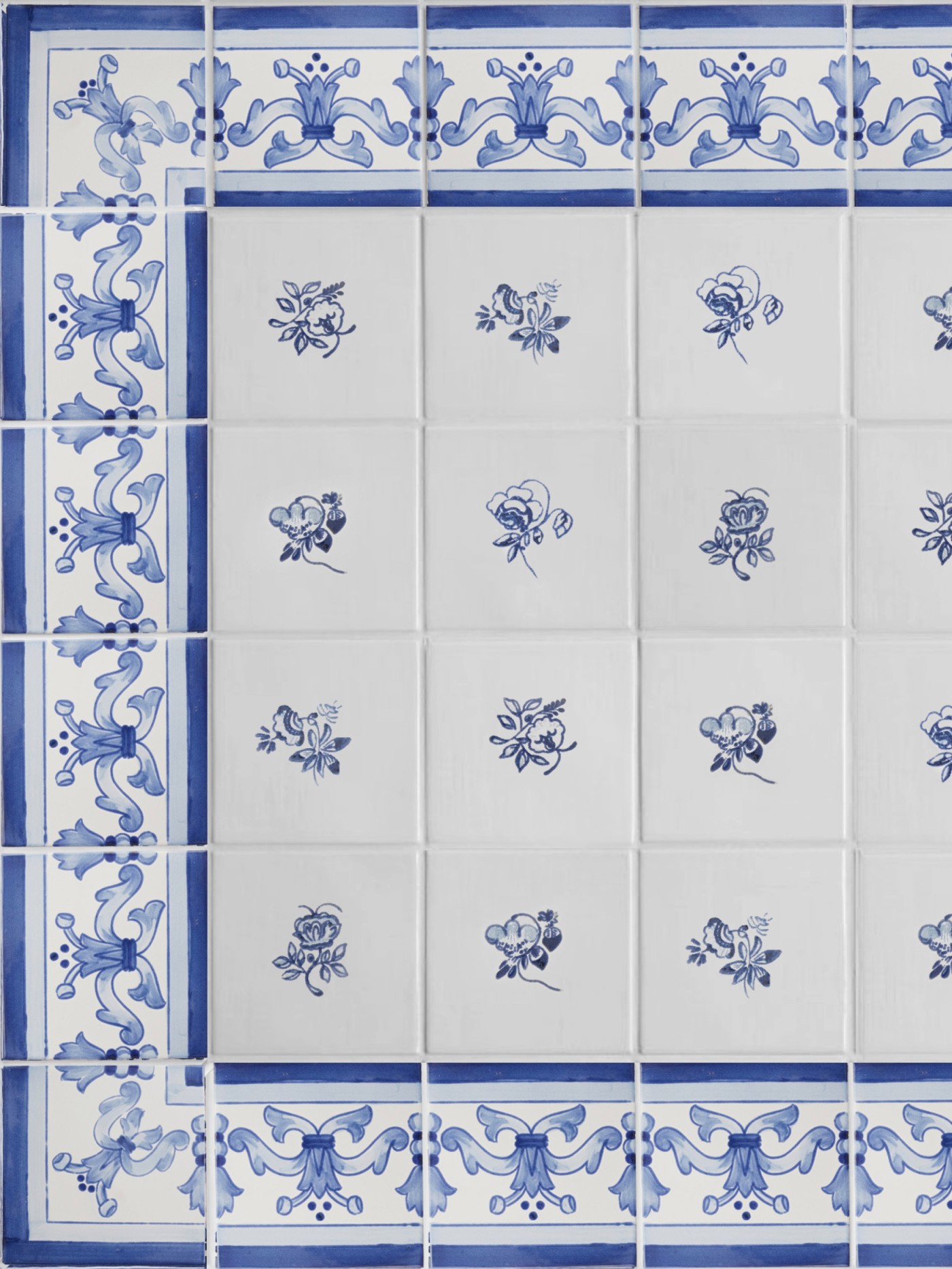 blue and white tiles with hand painted floral designs.