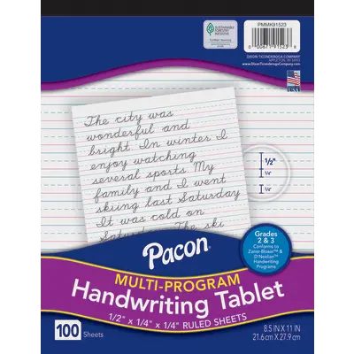 Pacon  Multi-Program Handwriting Tablet, D'Nealian Grades 2 & 3 / Zaner-Bloser Grade 2, Short Way, 1/2 in x 1/4 in x 1/4 in ruled 8-1/2