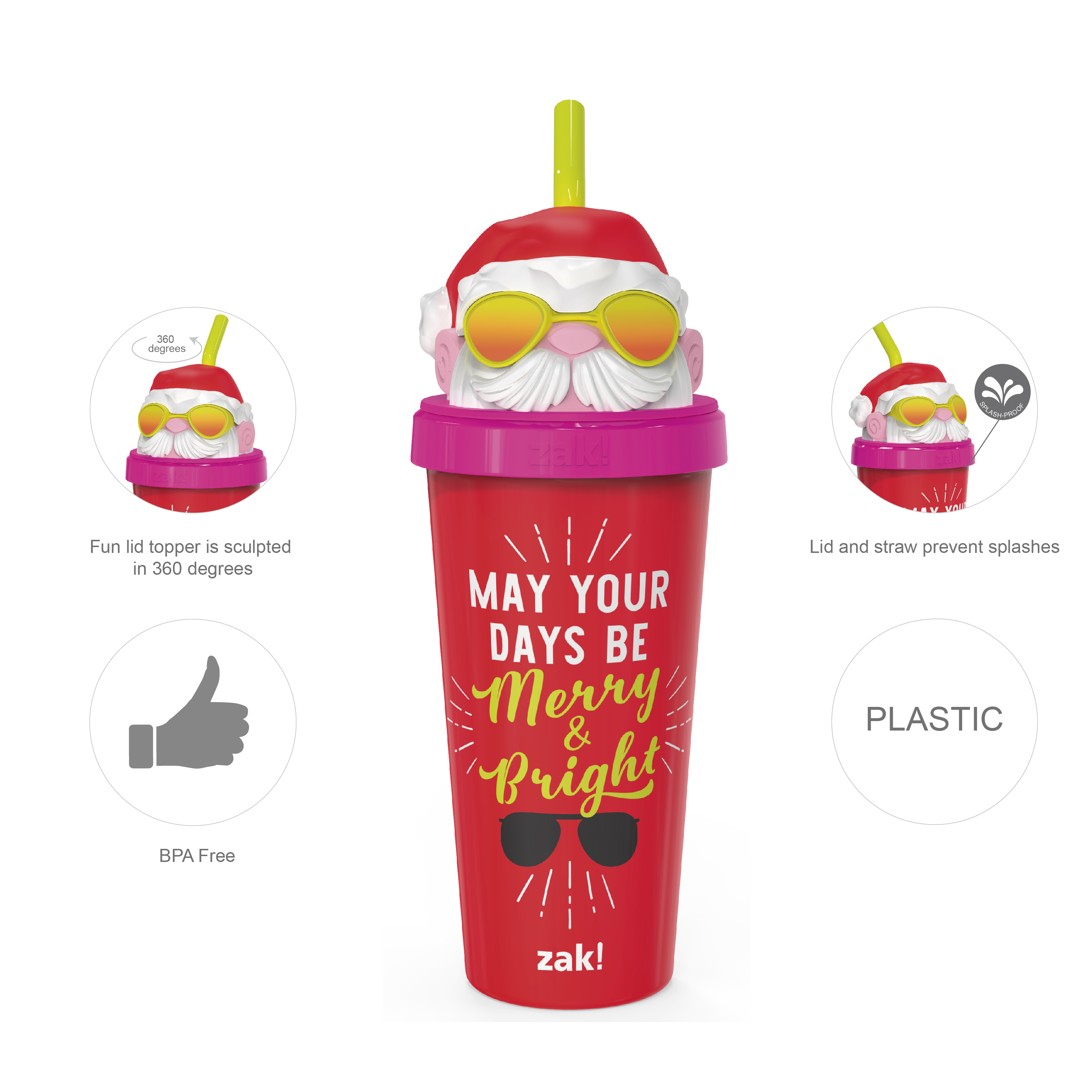 Zak Holiday 18 ounce Reusable Plastic Tumbler, Santa slideshow image 5 Zak Holiday 18 ounce Reusable Plastic Tumbler, Santa slideshow image 5