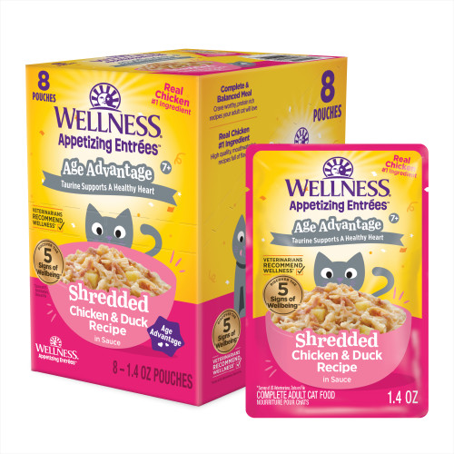 Wellness Appetizing Entrees  Age Advantage Shredded Chicken & Duck Recipe in Sauce Front packaging