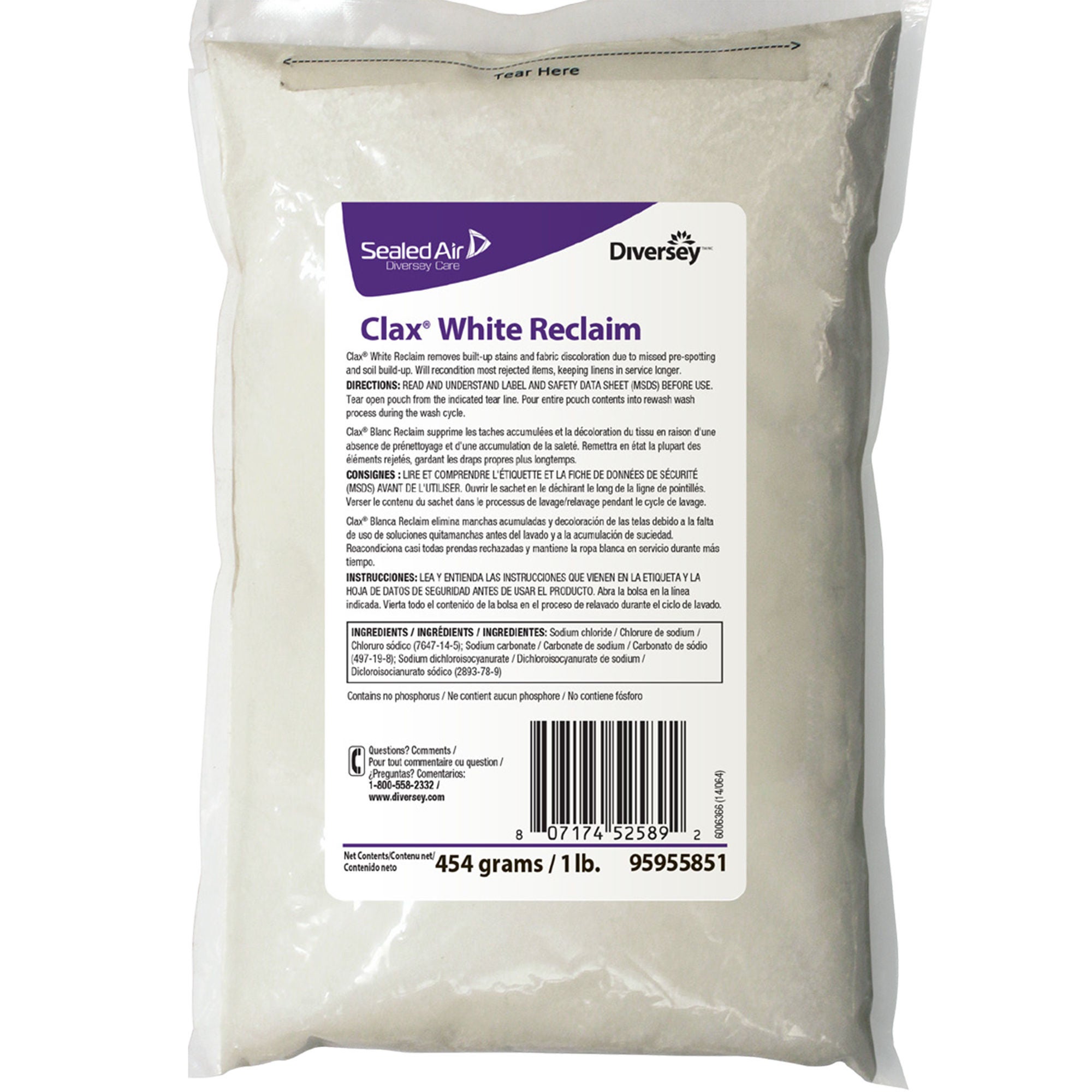 Laundry Stain Remover Diversey™ Clax® White Reclaim 1 lb. Bag Powder Chlorine Scent