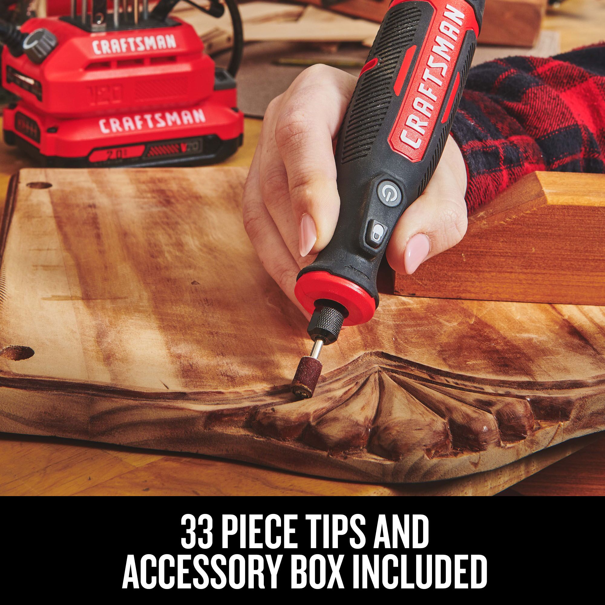 Person using CRAFTSMAN(R) V20 Rotary Tool on wood, highlighting 34 piece tips and accessory box is included